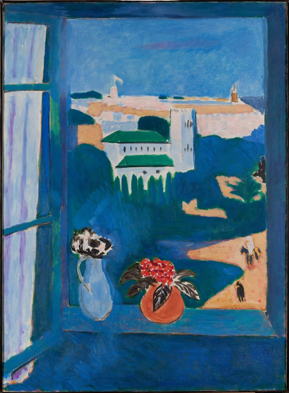 Painting of an open window overlooking a coastal town.